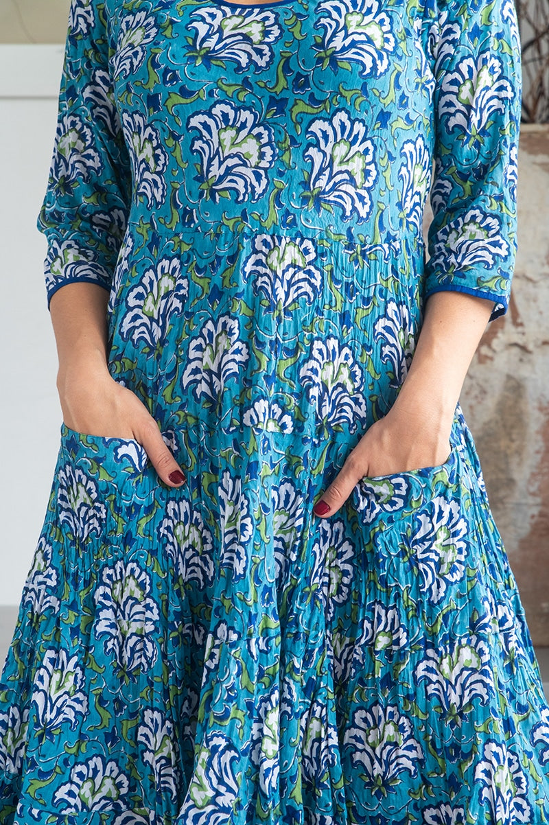 Womens, midi, Flamenco Dress, 100% Cotton, hand block print. Blue Lagoon