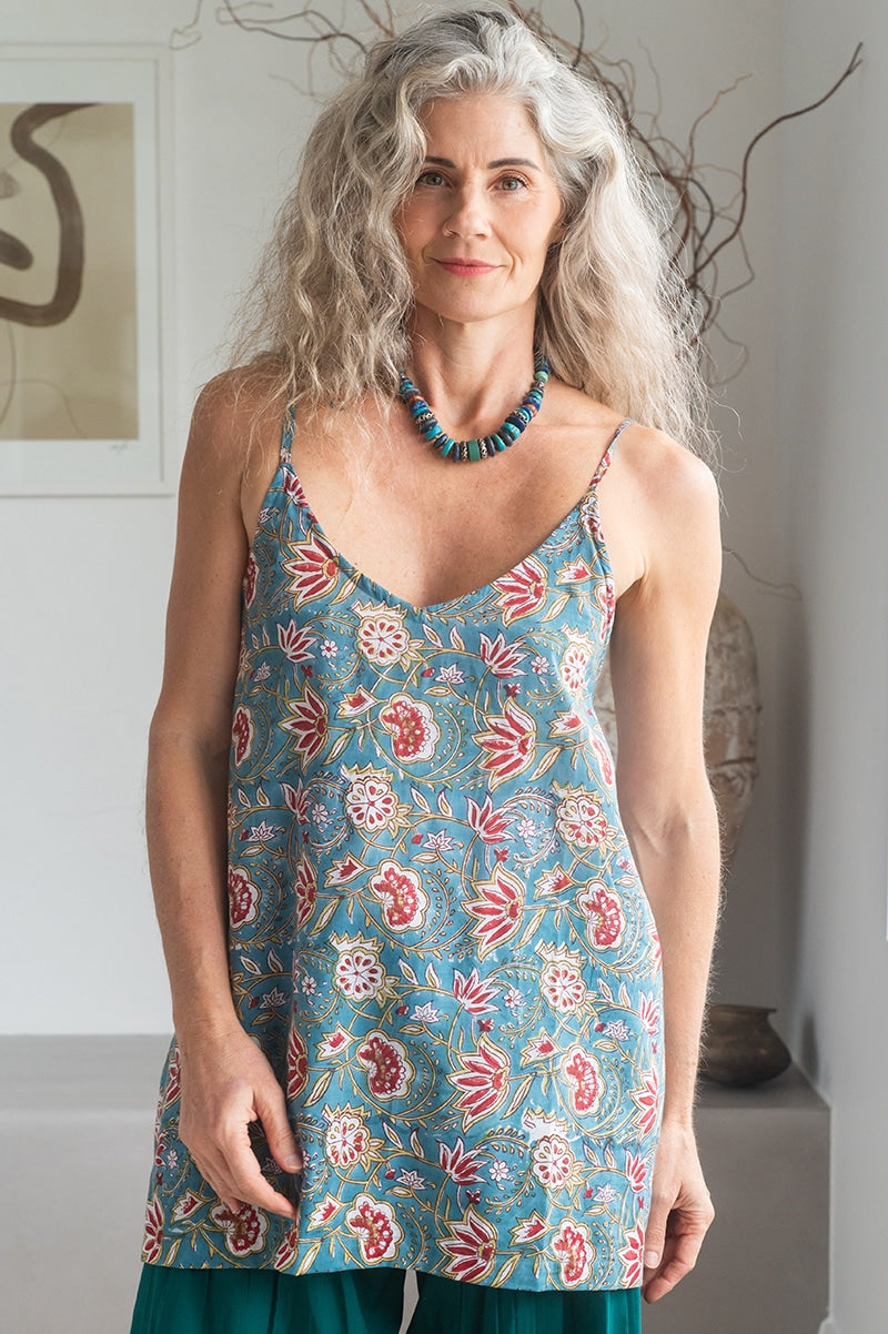 Womens, long Singlet Top, 100% cotton, hand block print, Celeste blue