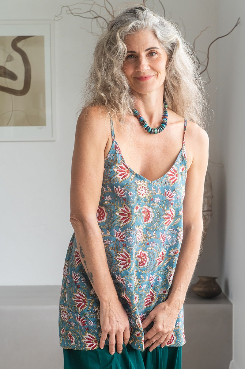 Womens, long Singlet Top, 100% cotton, hand block print, Celeste blue