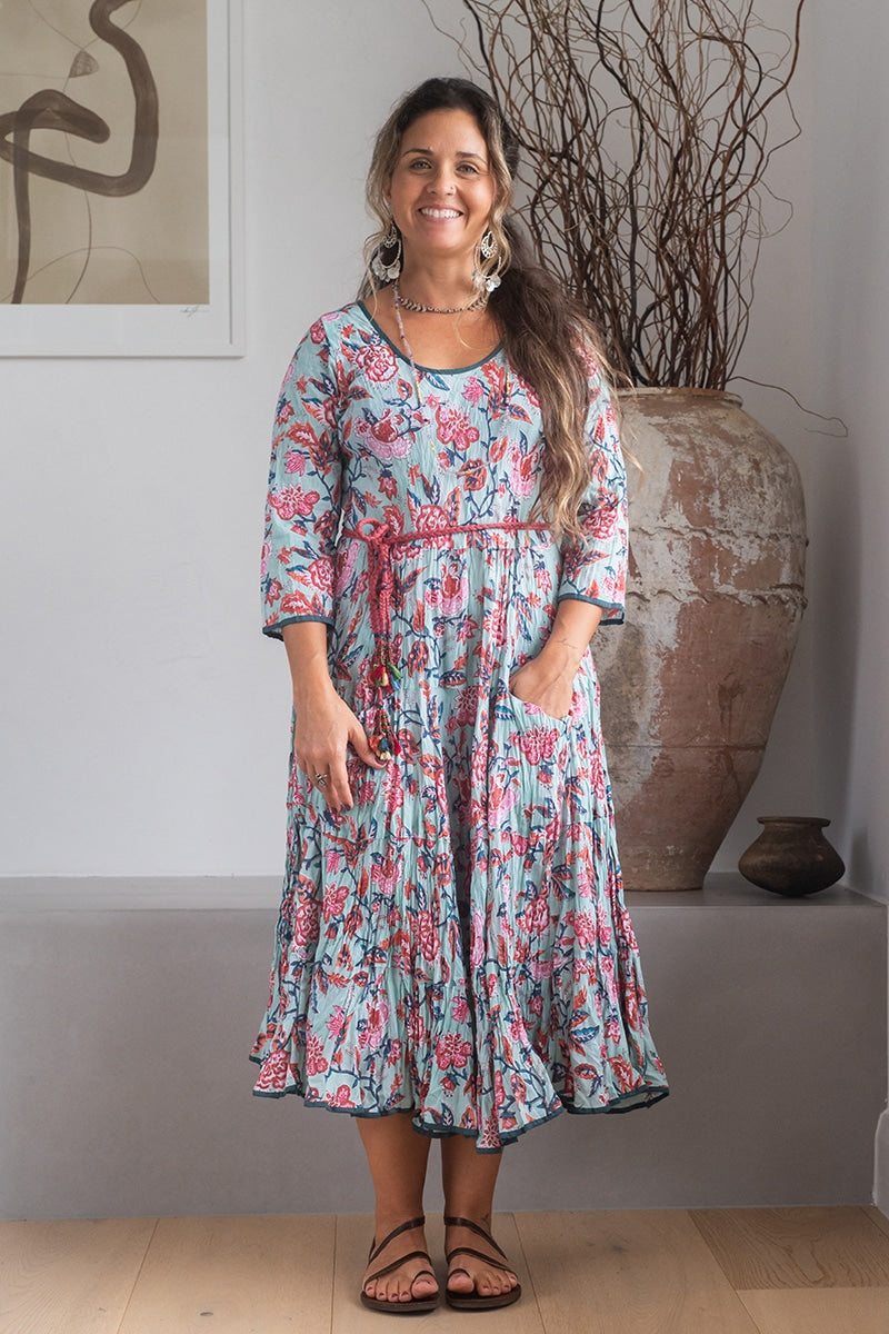 Womens, midi, Flamenco Dress, 100% Cotton, hand block print. Pale blue Moonstone