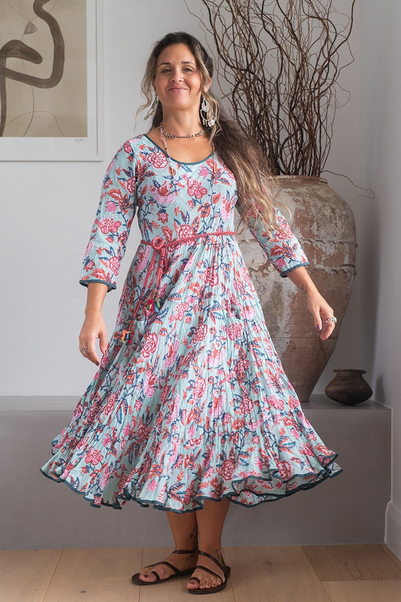 Womens, midi, Flamenco Dress, 100% Cotton, hand block print. Pale blue Moonstone