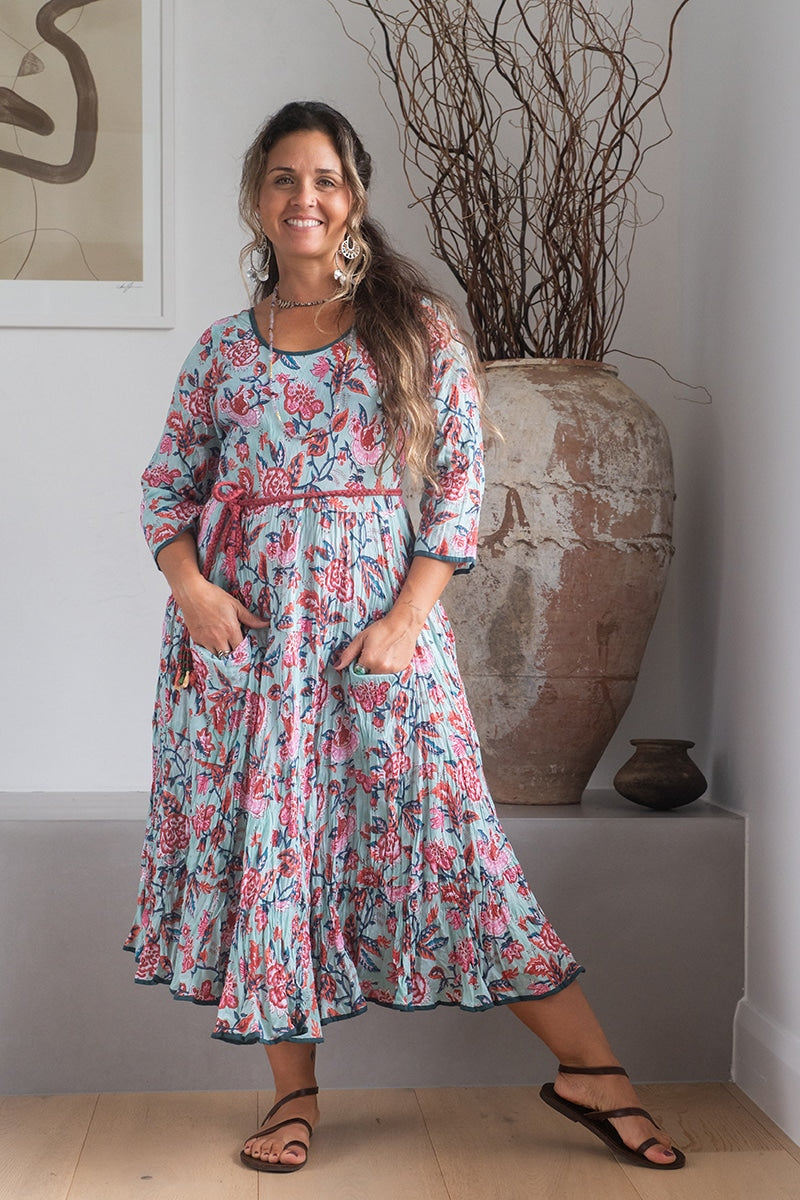 Womens, midi, Flamenco Dress, 100% Cotton, hand block print. Pale blue Moonstone