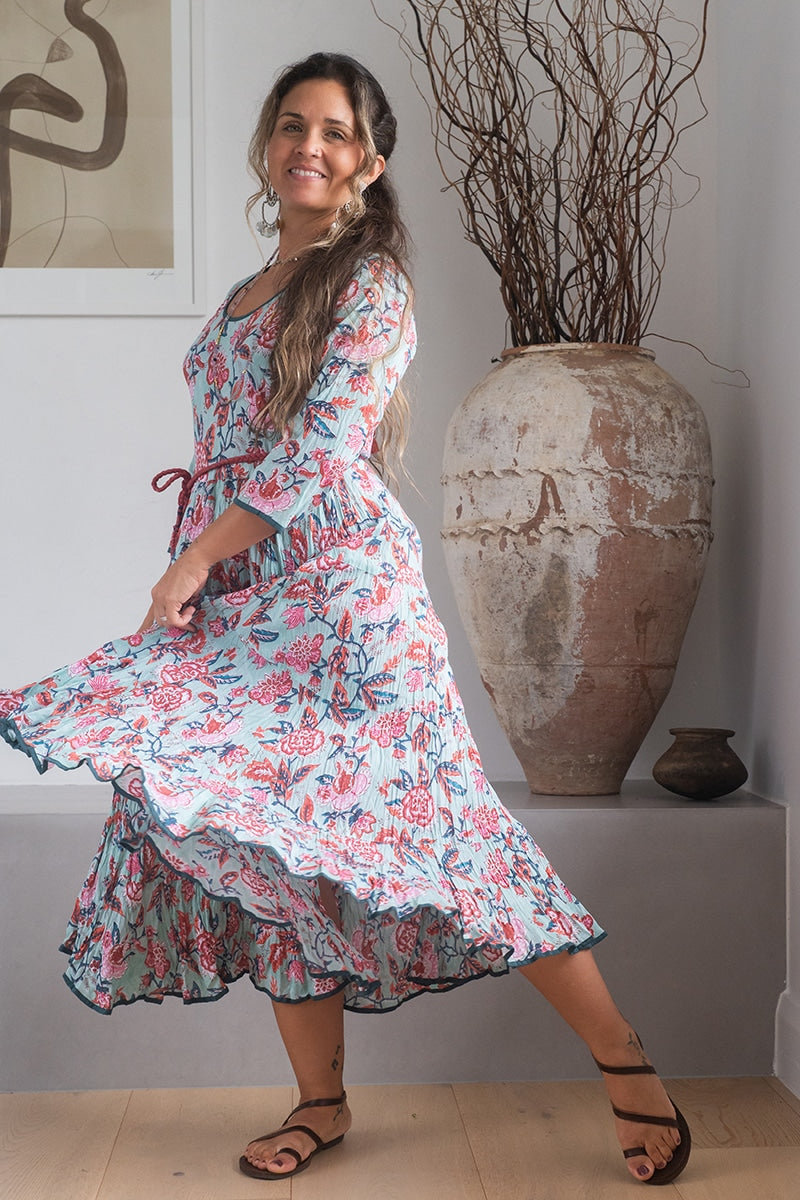 Womens, midi, Flamenco Dress, 100% Cotton, hand block print. Pale blue Moonstone