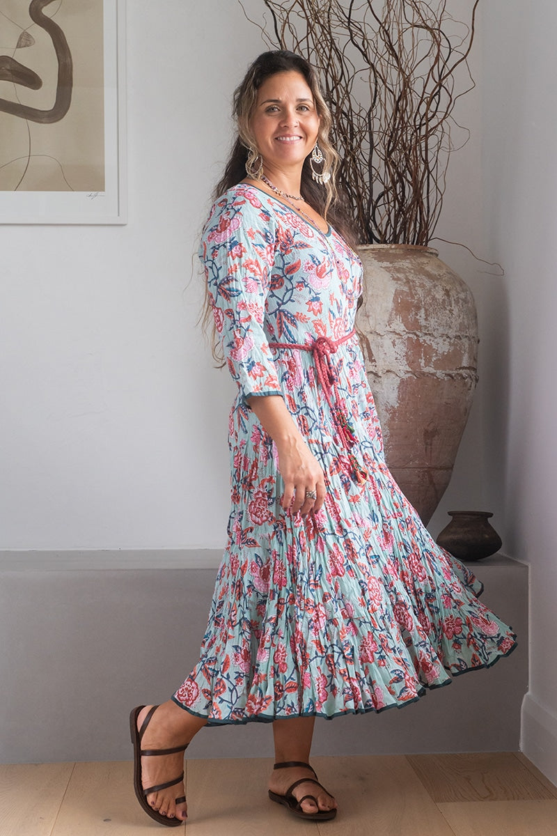 Womens, midi, Flamenco Dress, 100% Cotton, hand block print. Pale blue Moonstone