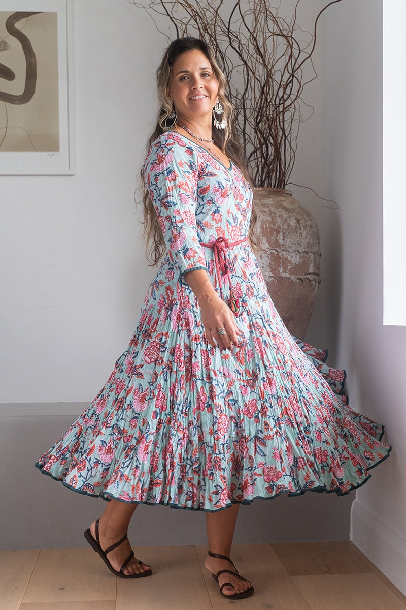 Womens, midi, Flamenco Dress, 100% Cotton, hand block print. Pale blue Moonstone