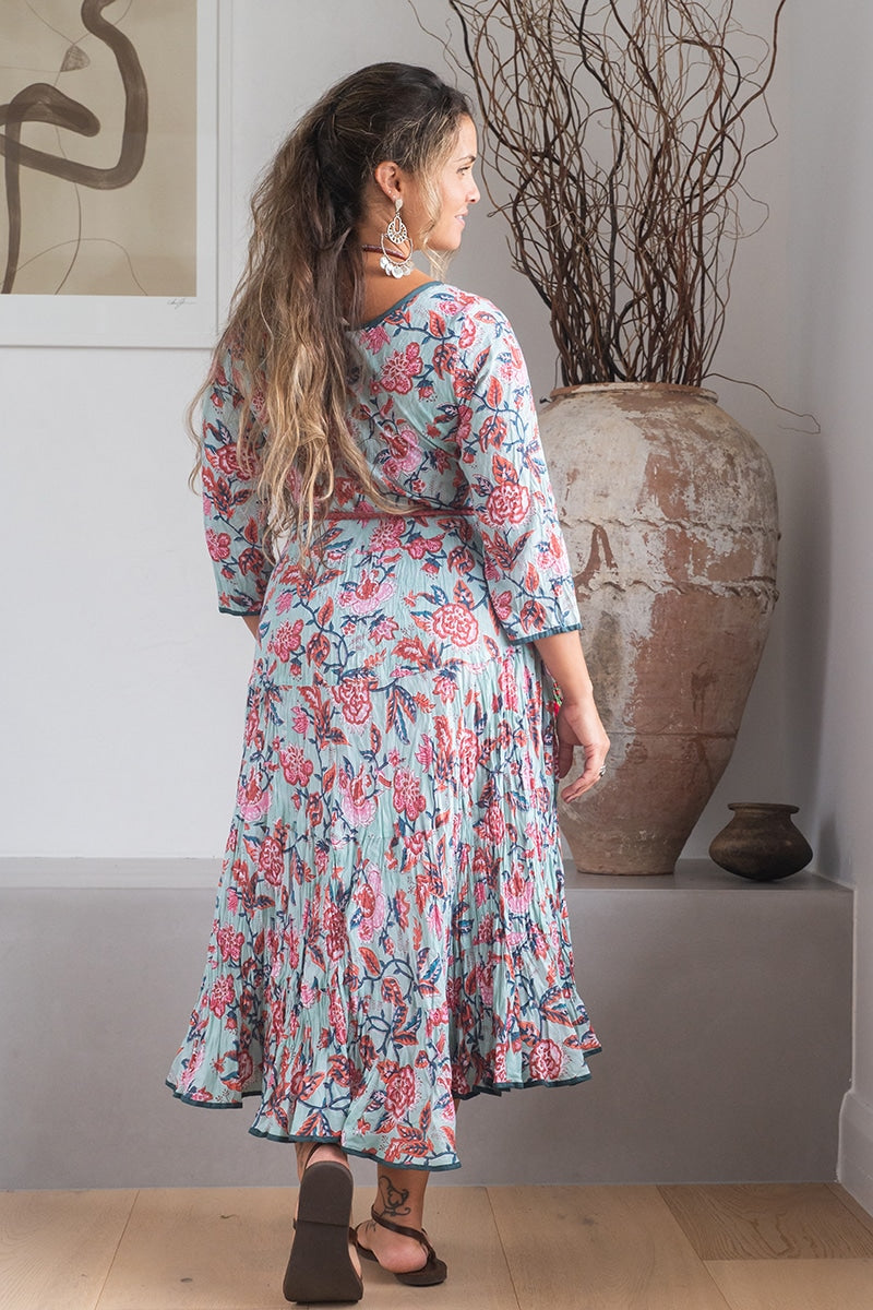 Womens, midi, Flamenco Dress, 100% Cotton, hand block print. Pale blue Moonstone