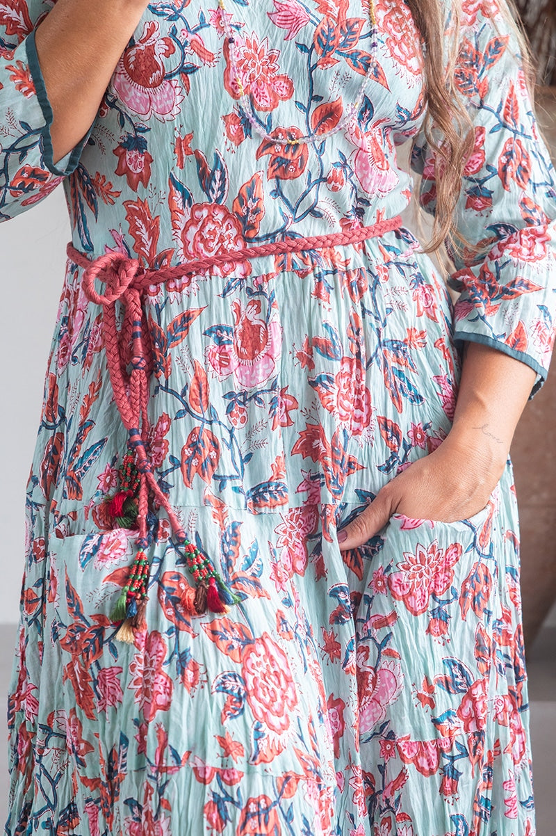 Womens, midi, Flamenco Dress, 100% Cotton, hand block print. Pale blue Moonstone