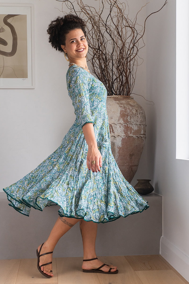 Womens, midi, Flamenco Dress, 100% Cotton, hand block print. Green Viridian