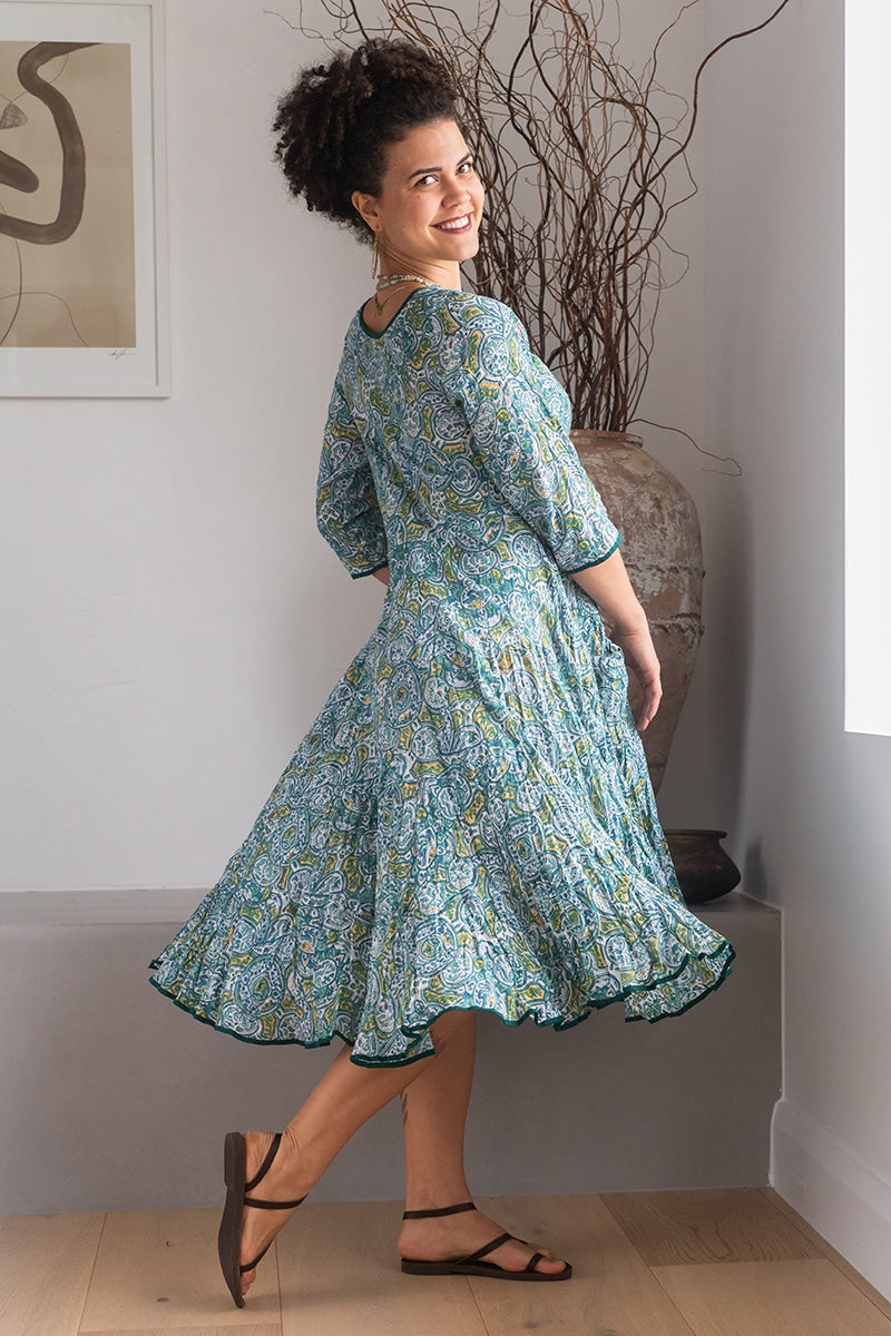 Womens, midi, Flamenco Dress, 100% Cotton, hand block print. Green Viridian