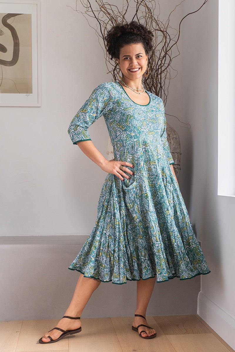 Womens, midi, Flamenco Dress, 100% Cotton, hand block print. Green Viridian