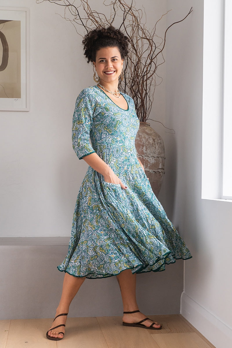 Womens, midi, Flamenco Dress, 100% Cotton, hand block print. Green Viridian