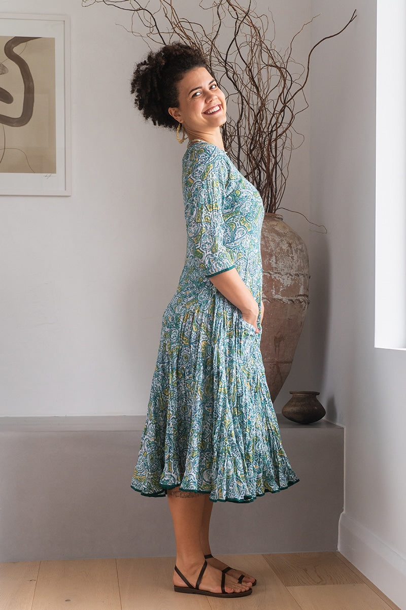 Womens, midi, Flamenco Dress, 100% Cotton, hand block print. Green Viridian