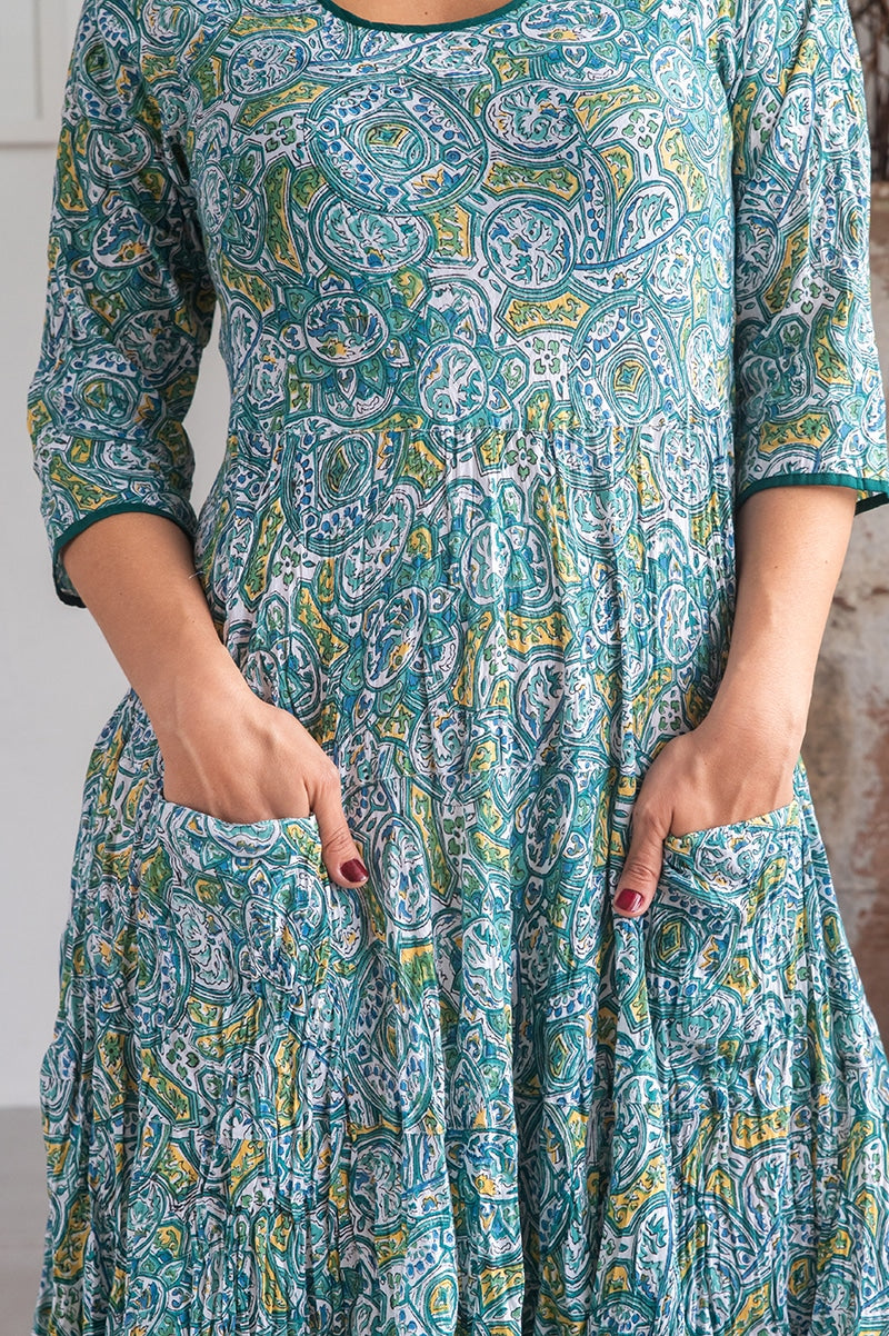 Womens, midi, Flamenco Dress, 100% Cotton, hand block print. Green Viridian