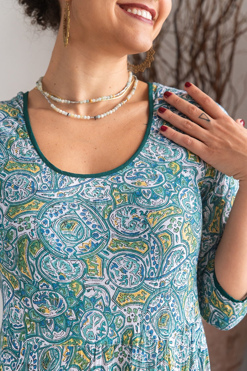 Womens, midi, Flamenco Dress, 100% Cotton, hand block print. Green Viridian
