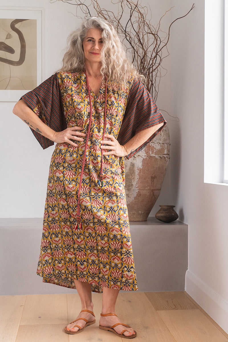 Womens, Satori Dress, Maxi, 100% Cotton, hand block print, in Karashi Floral