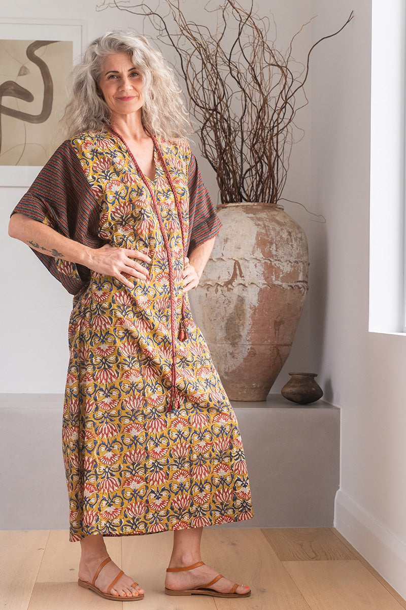 Womens, Satori Dress, Maxi, 100% Cotton, hand block print, in Karashi Floral