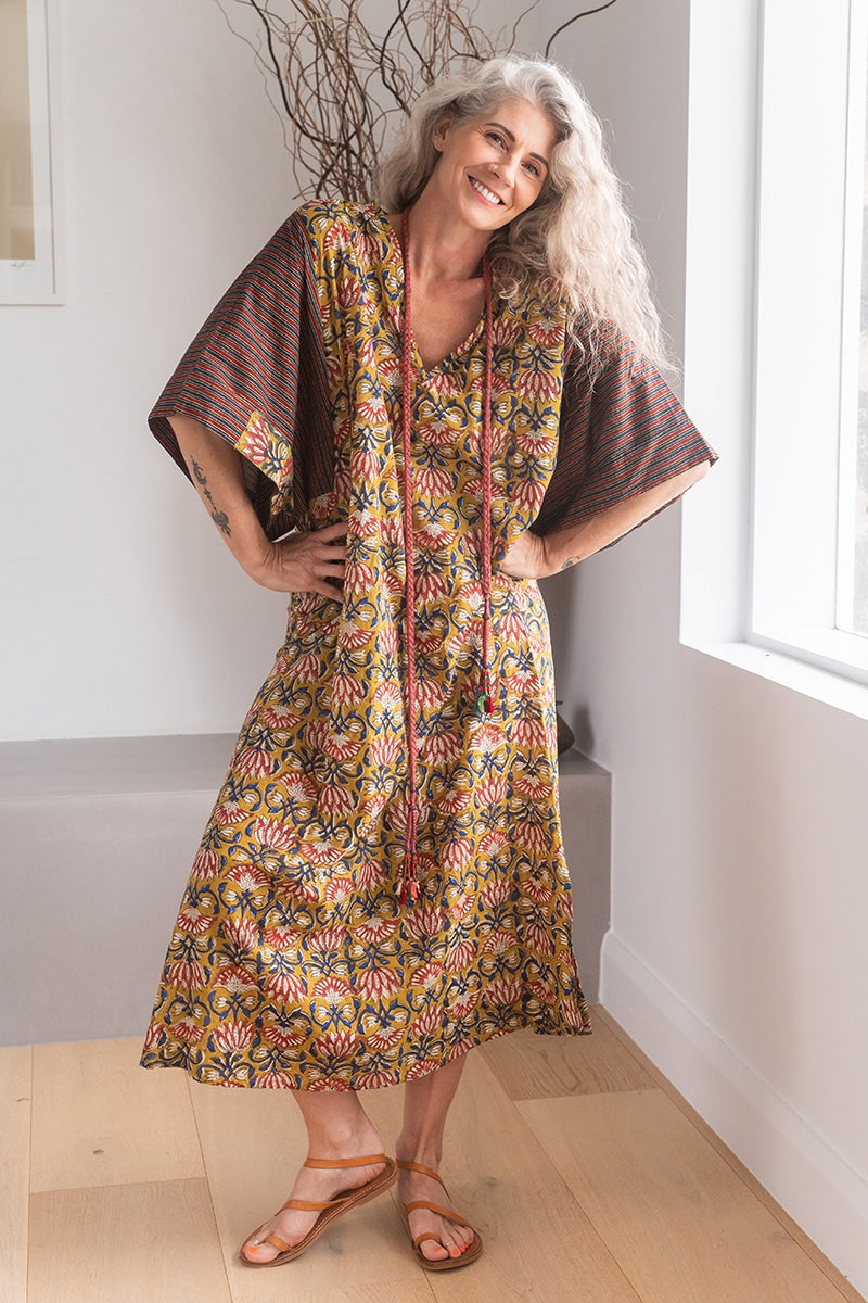 Womens, Satori Dress, Maxi, 100% Cotton, hand block print, in Karashi Floral