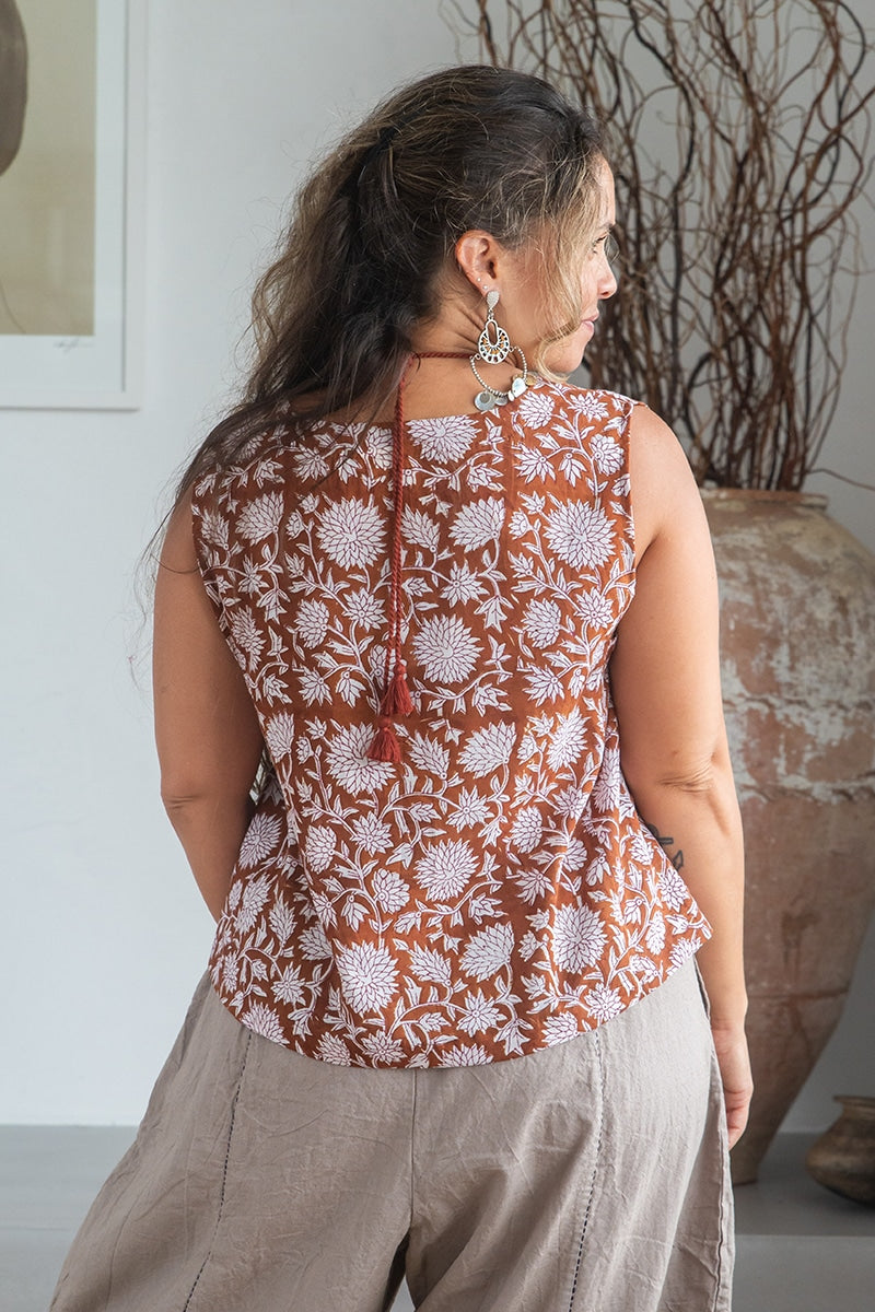 Womens Tops, 100% Cotton, Hand Block Print, Summer. Lola in Brown Floral Nutmeg