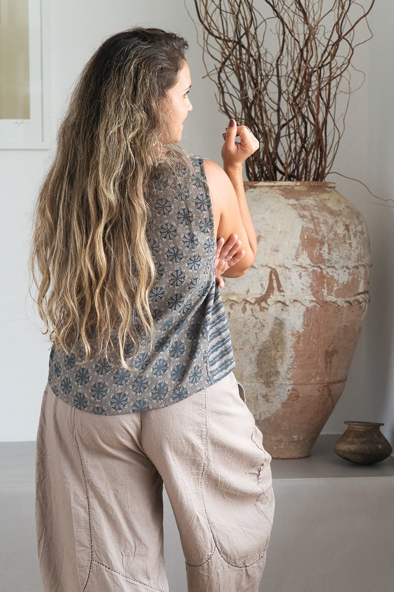 Womens Tops, 100% Cotton, Hand Block Print, Summer. Lola in earthy tones, Dandelion.