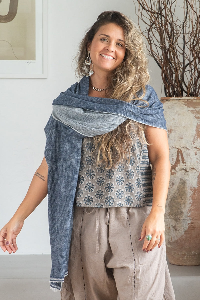 Womens soft and comfortable, Ethereal Scarf, in acrylic/viscose. Blue Denim