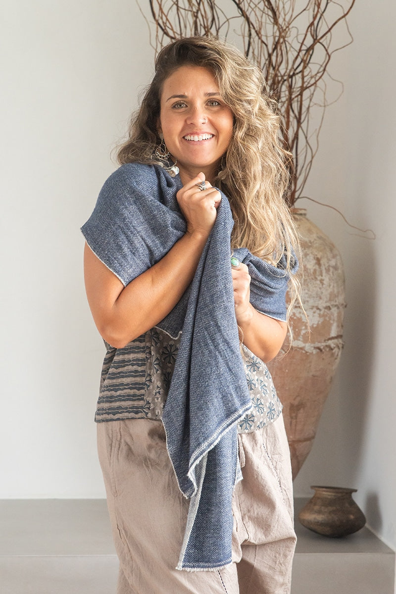 Womens soft and comfortable, Ethereal Scarf, in acrylic/viscose. Blue Denim