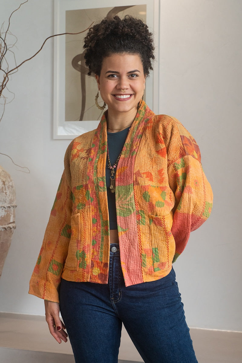 Womens Vintage Nomad Kantha Classic Jacket handmade from 100% cotton recycled fabrics in Saffron orange Kyros