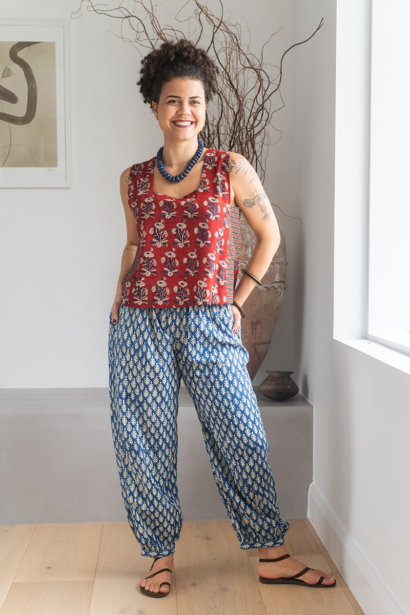 Womens Viva Pants, 100% cotton, hand block prints, ankle length with patch pockets. Nordic Blue