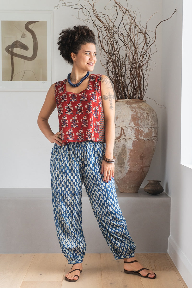 Womens Viva Pants, 100% cotton, hand block prints, ankle length with patch pockets. Nordic Blue