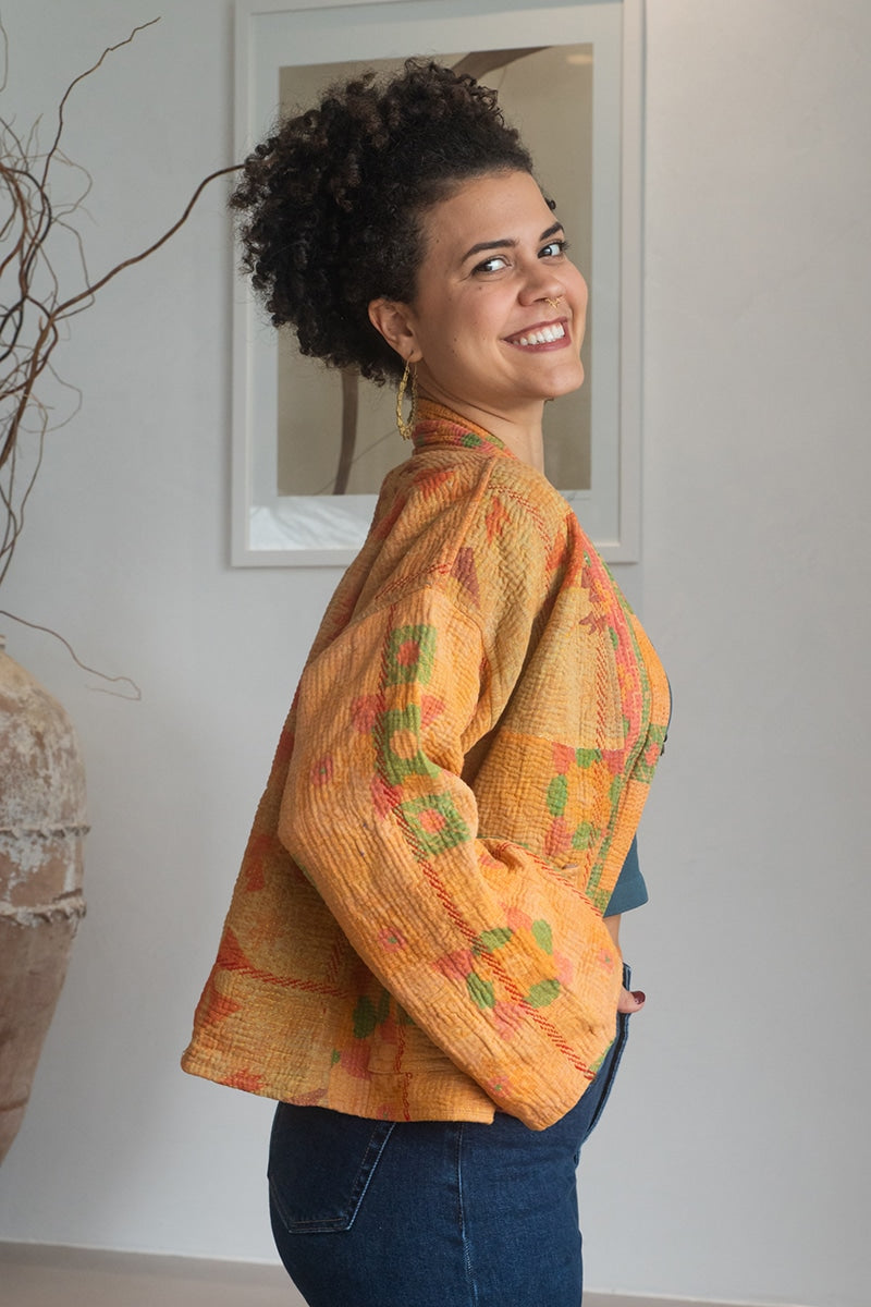 Womens Vintage Nomad Kantha Classic Jacket handmade from 100% cotton recycled fabrics in Saffron orange Kyros