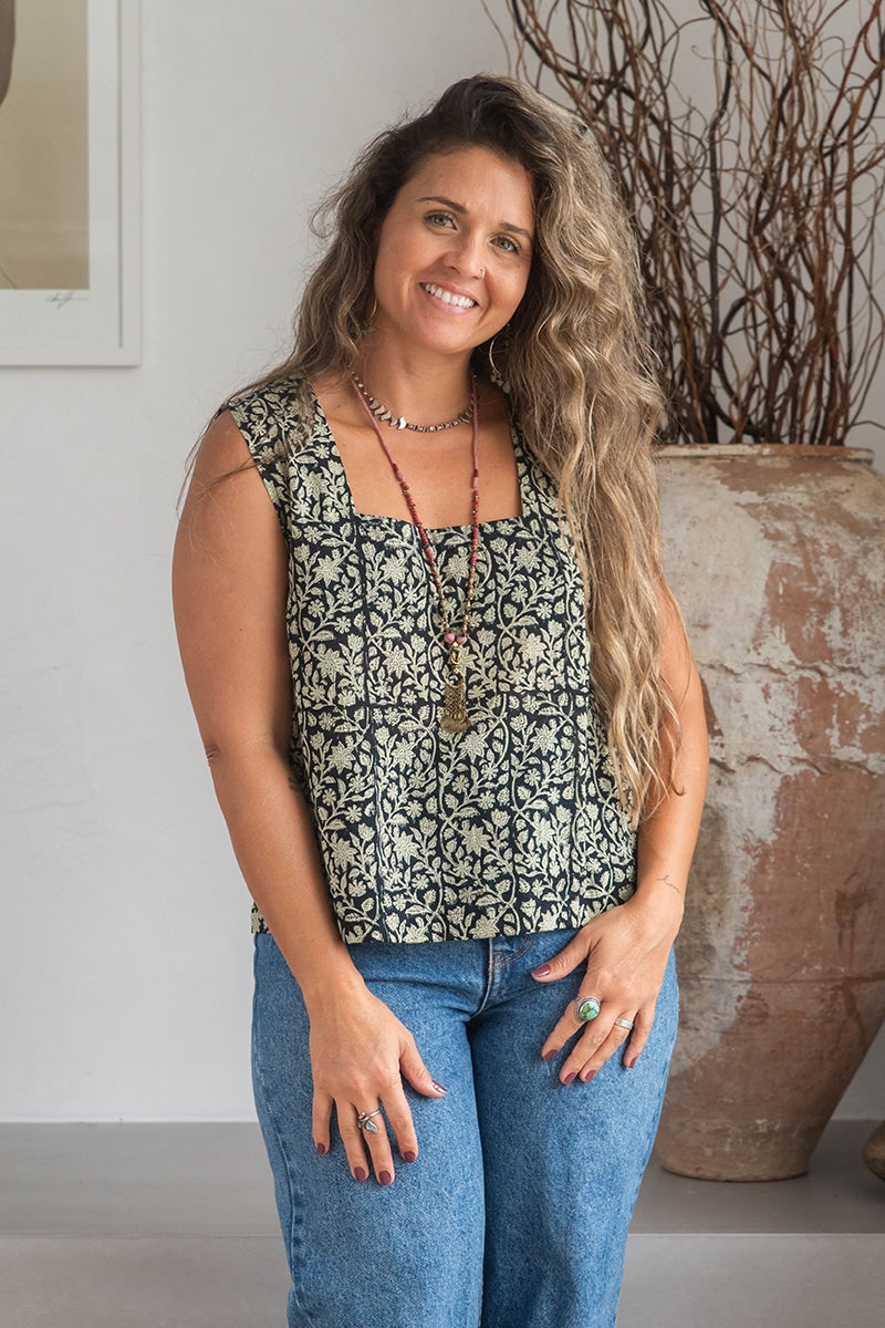 Womens Tops, 100% Cotton, Hand Block Print, Summer. Lola in black Ebony floral