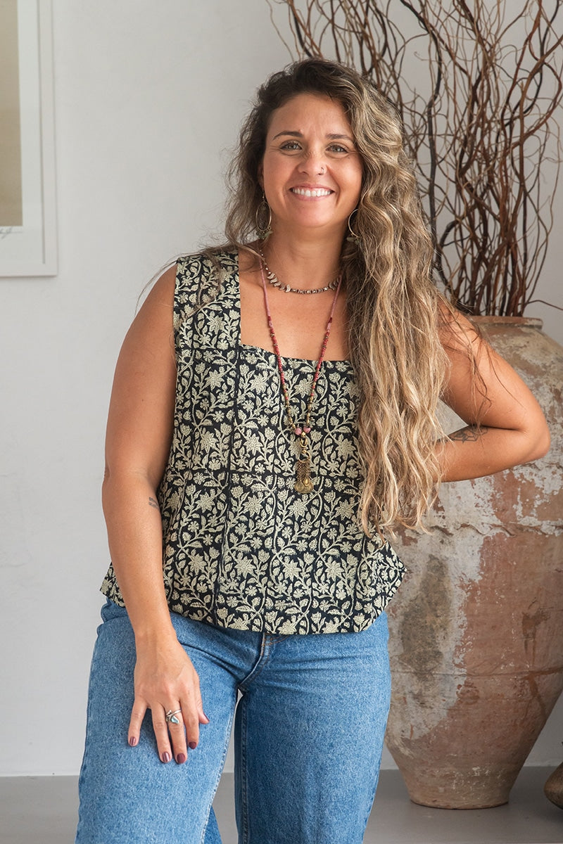 Womens Tops, 100% Cotton, Hand Block Print, Summer. Lola in black Ebony floral