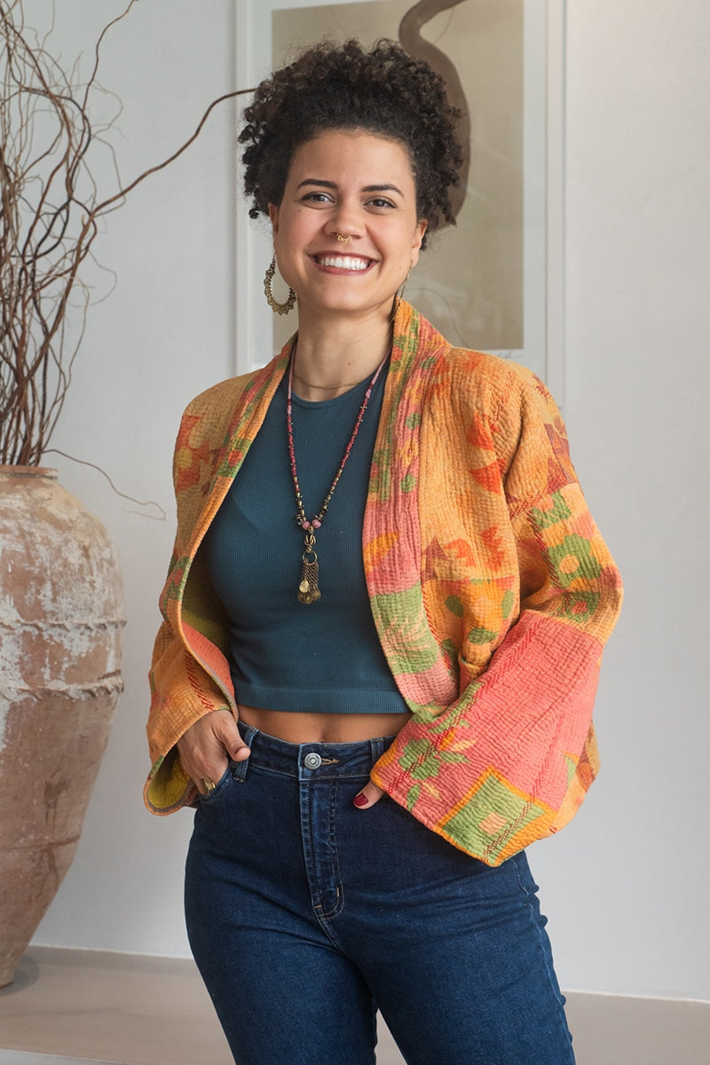 Womens Vintage Nomad Kantha Classic Jacket handmade from 100% cotton recycled fabrics in Saffron orange Kyros