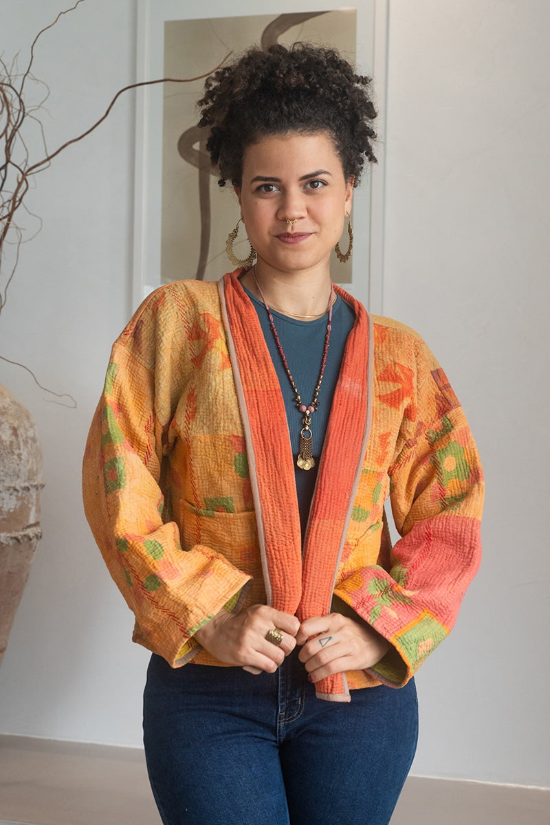 Womens Vintage Nomad Kantha Classic Jacket handmade from 100% cotton recycled fabrics in Saffron orange Kyros