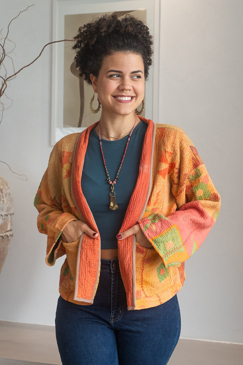 Womens Vintage Nomad Kantha Classic Jacket handmade from 100% cotton recycled fabrics in Saffron orange Kyros