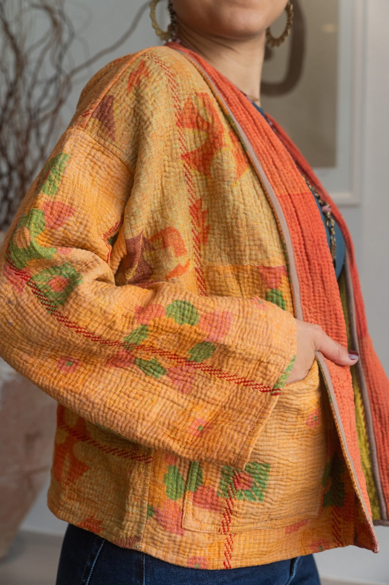 Womens Vintage Nomad Kantha Classic Jacket handmade from 100% cotton recycled fabrics in Saffron orange Kyros