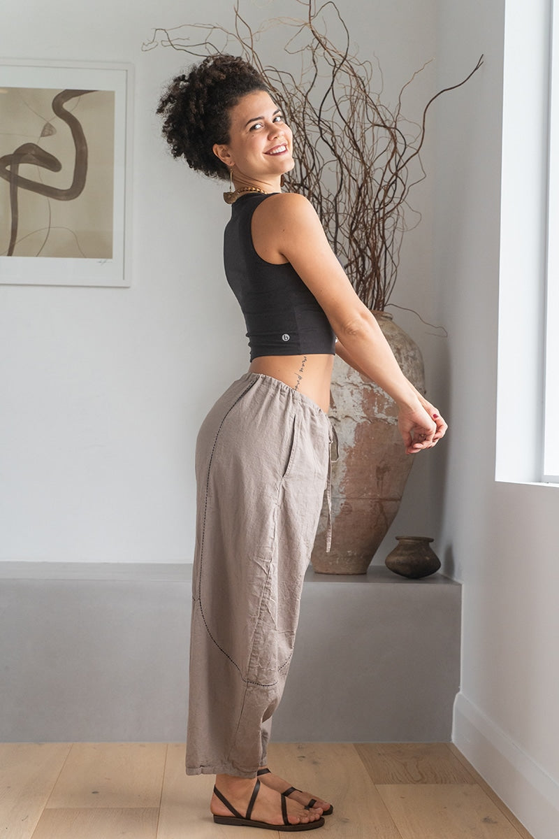 Womens Sol Pants, 100% cotton, hand stitched panels, shin/ankle length, drawstring waist and pockets. Stone