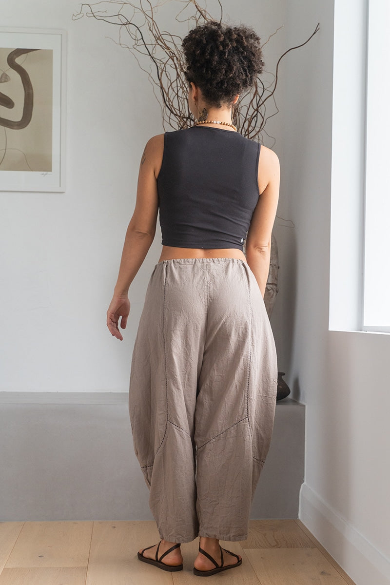 Womens Sol Pants, 100% cotton, hand stitched panels, shin/ankle length, drawstring waist and pockets. Stone