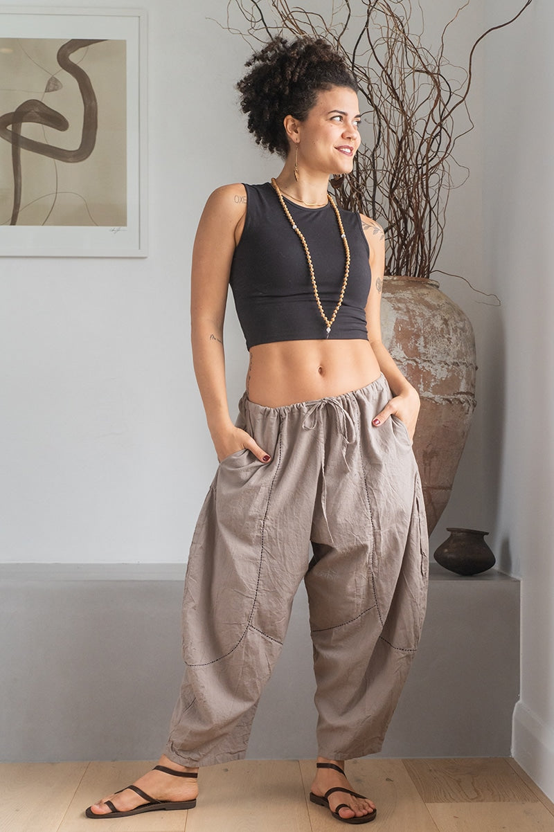 Womens Sol Pants, 100% cotton, hand stitched panels, shin/ankle length, drawstring waist and pockets. Stone