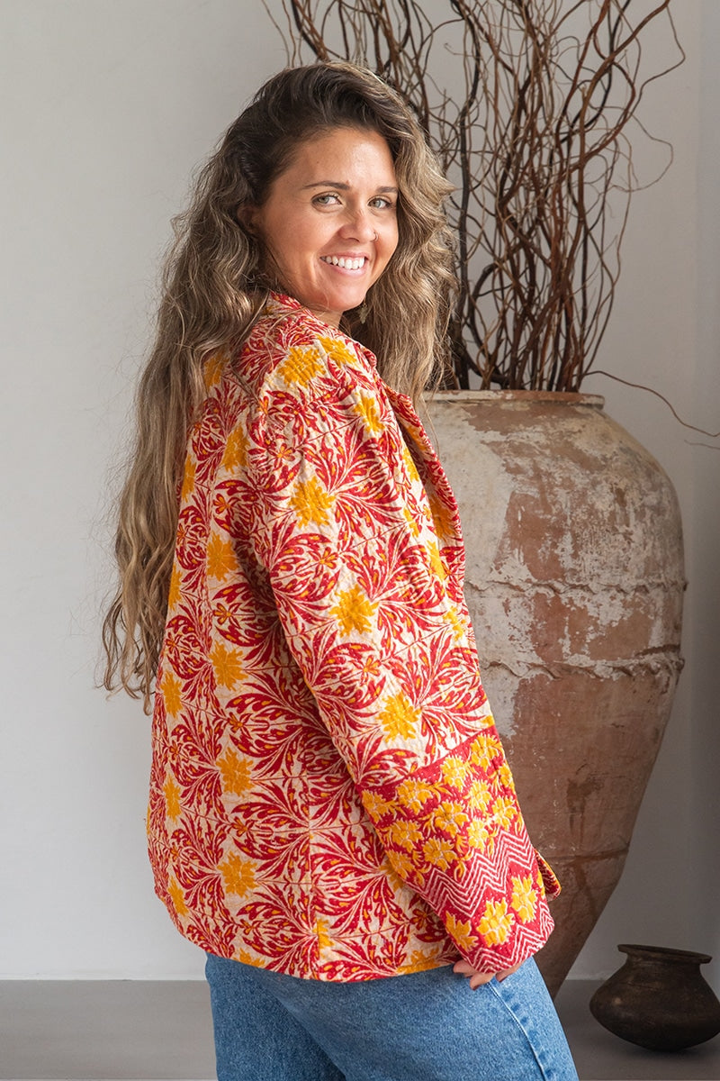 Womens Vintage Intrepid Kantha Jacket handmade from 100% cotton recycled fabrics in Sunset