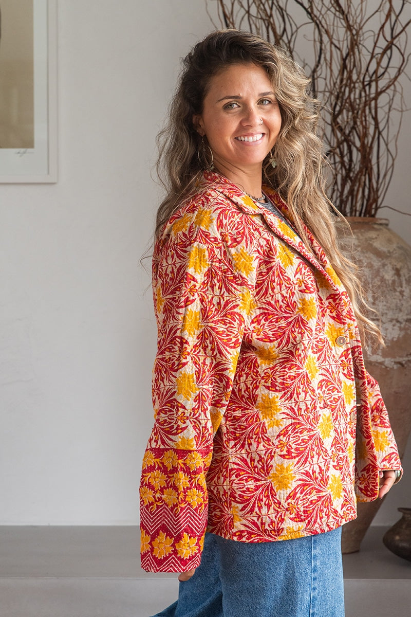 Womens Vintage Intrepid Kantha Jacket handmade from 100% cotton recycled fabrics in Sunset
