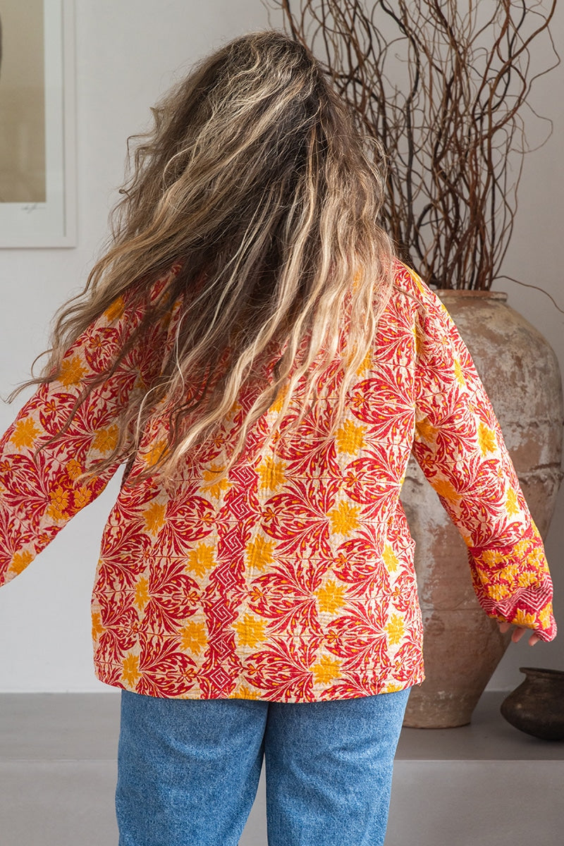Womens Vintage Intrepid Kantha Jacket handmade from 100% cotton recycled fabrics in Sunset