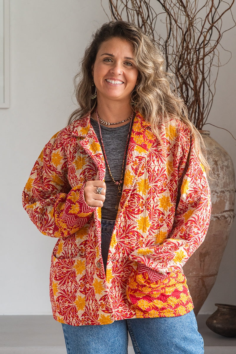 Womens Vintage Intrepid Kantha Jacket handmade from 100% cotton recycled fabrics in Sunset