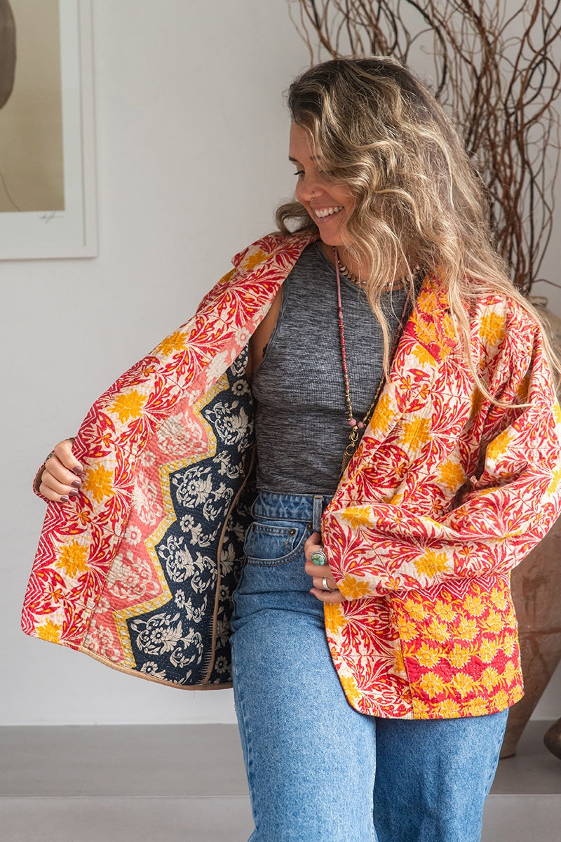 Womens Vintage Intrepid Kantha Jacket handmade from 100% cotton recycled fabrics in Sunset