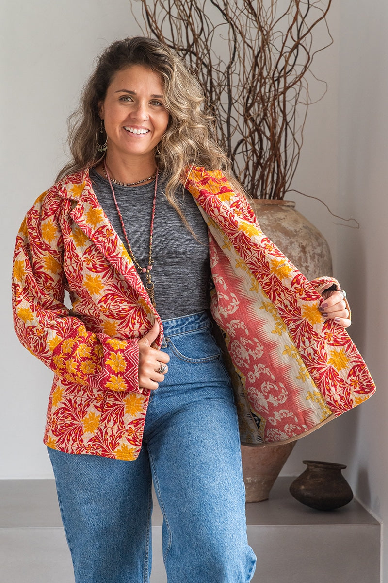 Womens Vintage Intrepid Kantha Jacket handmade from 100% cotton recycled fabrics in Sunset