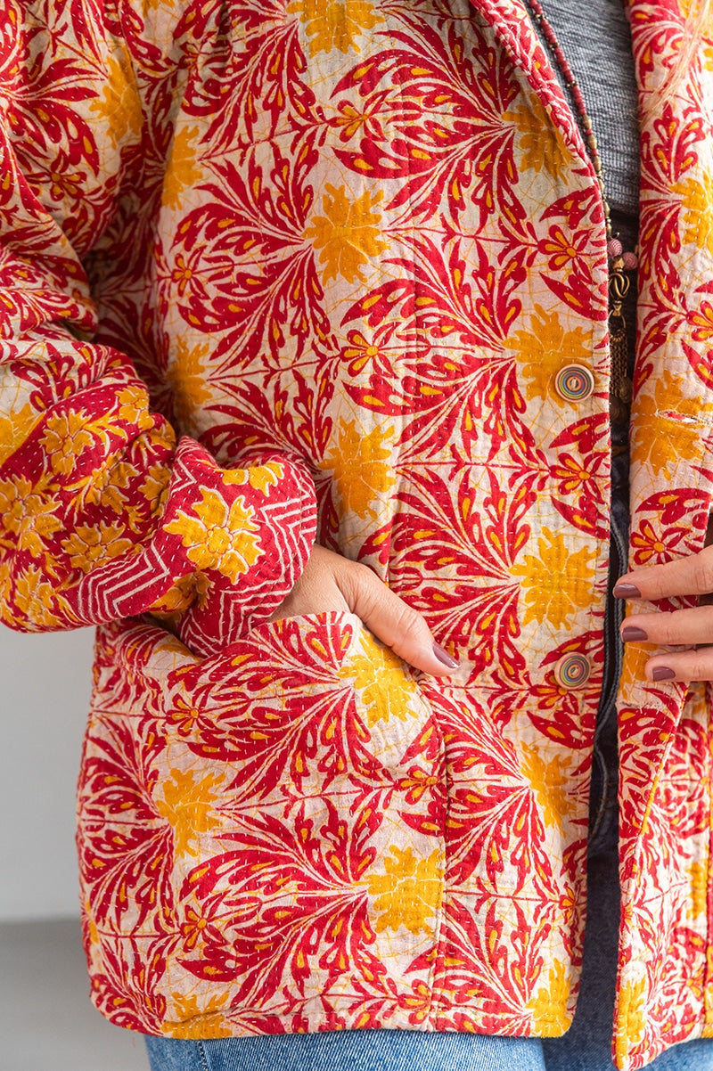 Womens Vintage Intrepid Kantha Jacket handmade from 100% cotton recycled fabrics in Sunset