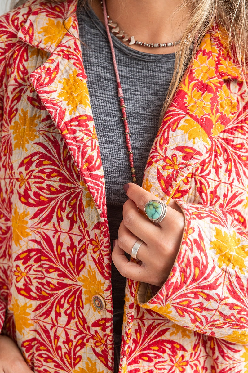 Womens Vintage Intrepid Kantha Jacket handmade from 100% cotton recycled fabrics in Sunset
