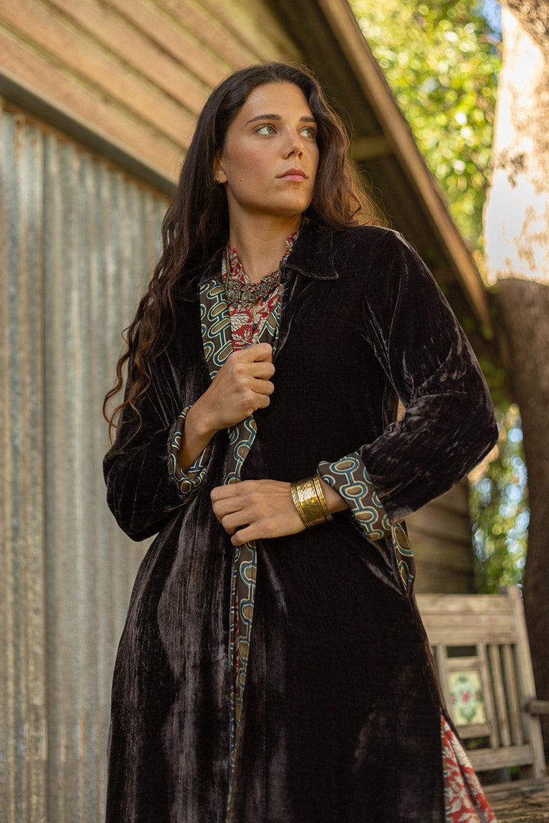 Odessa Silk/Velvet Coat - Truffle
