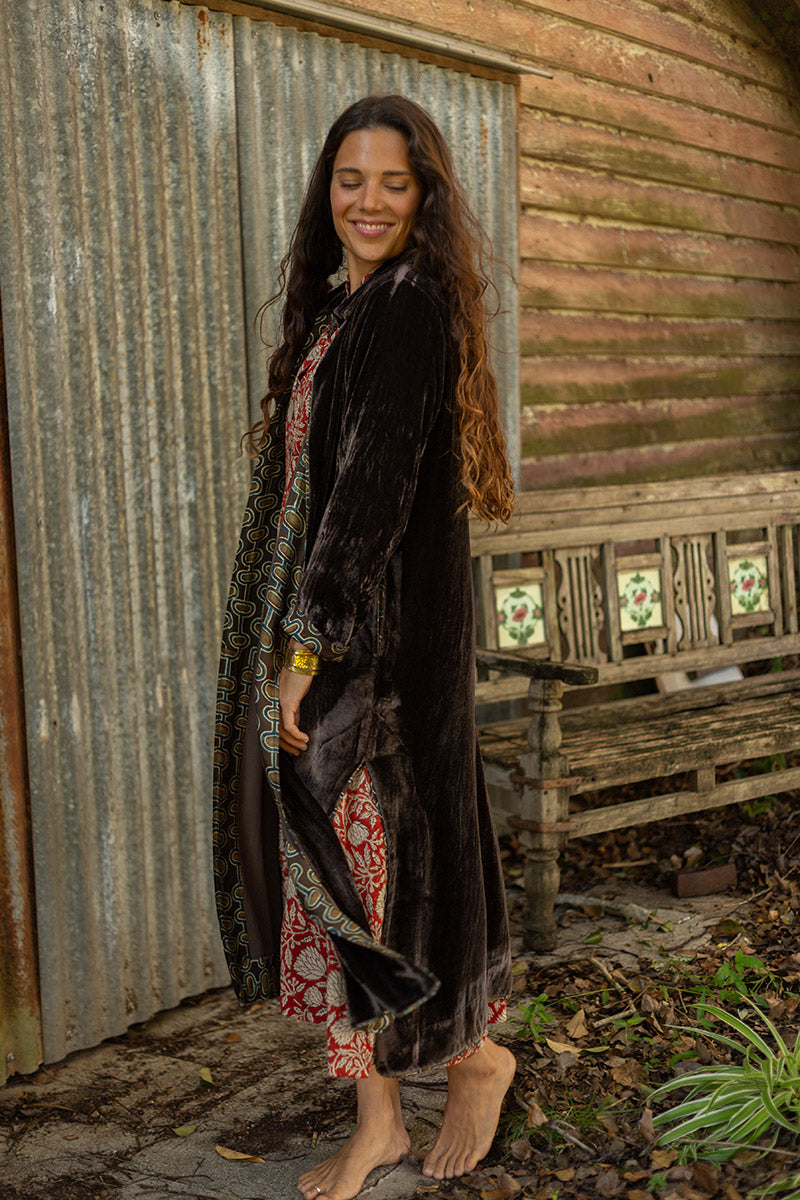 Odessa Silk/Velvet Coat - Truffle