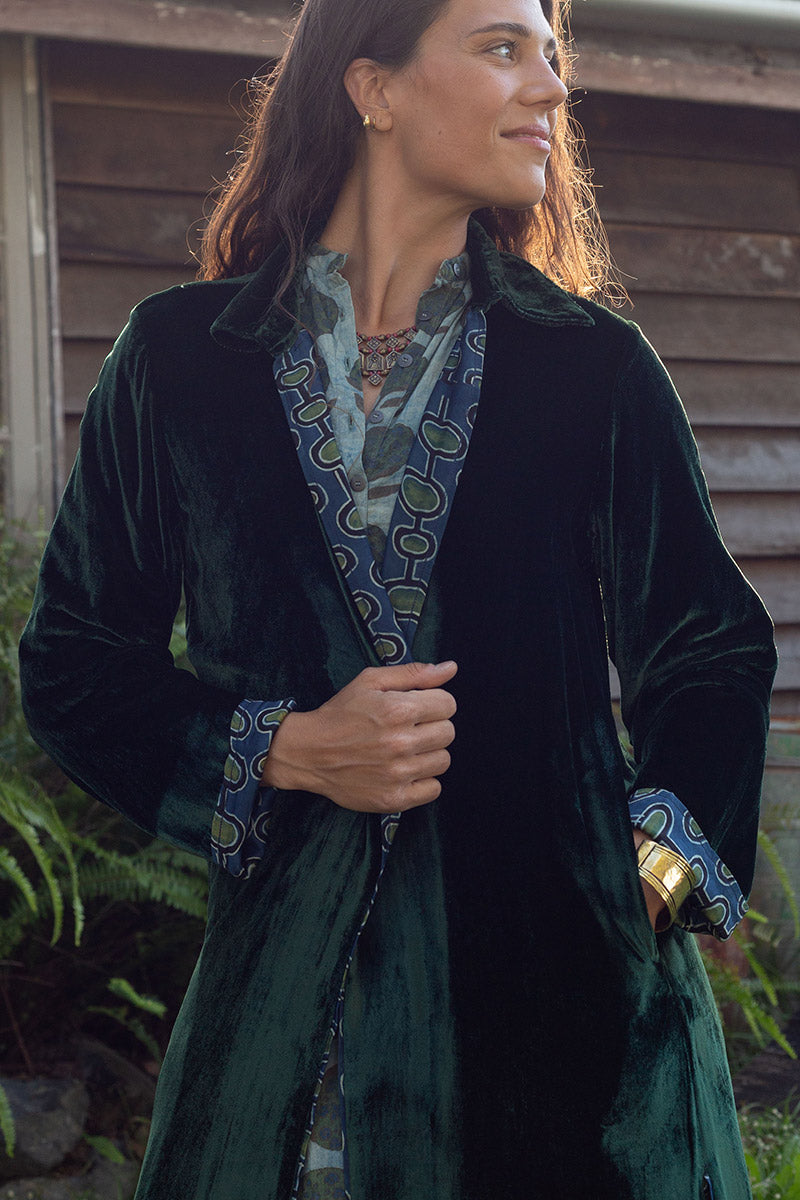 Odessa Silk/Velvet Coat - Malachite