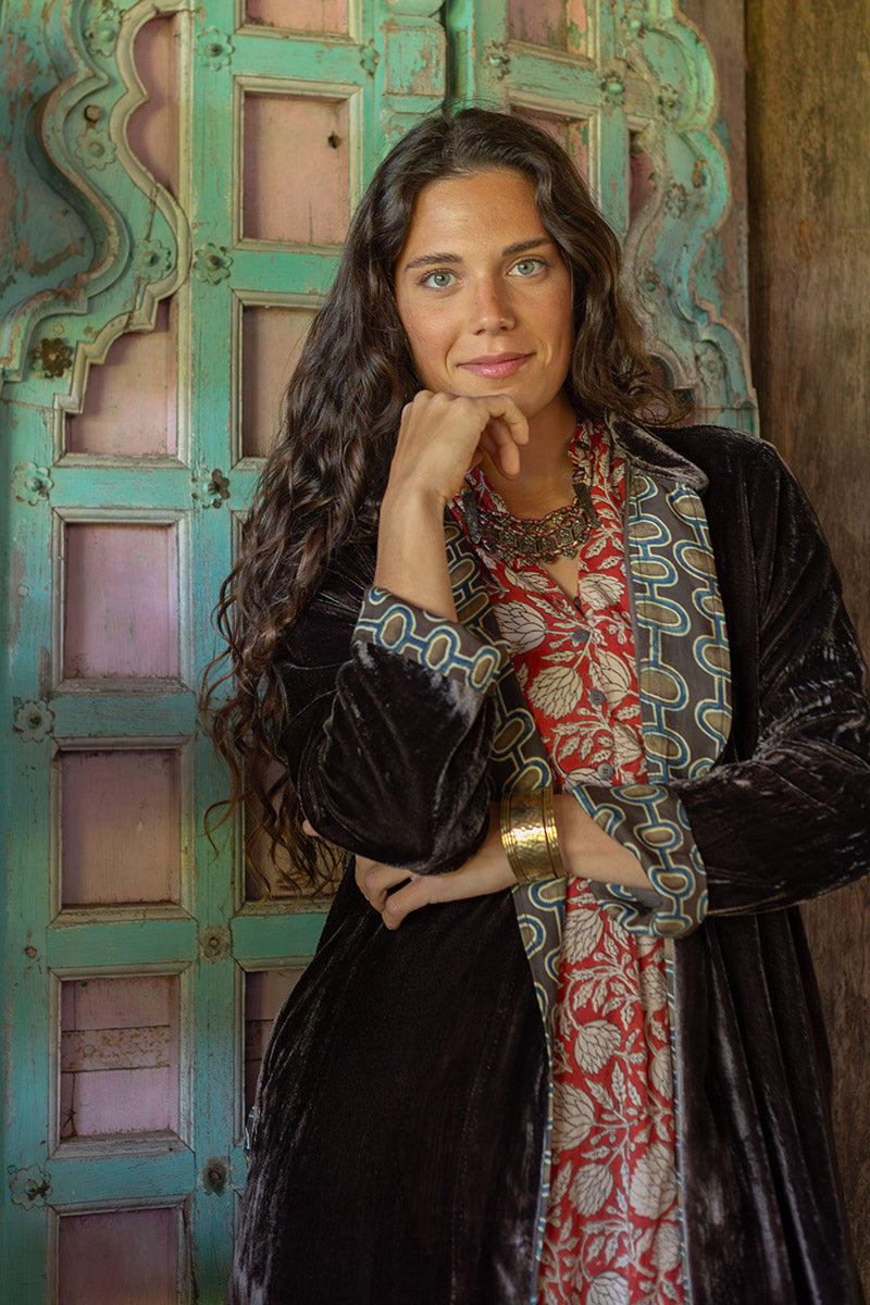 Odessa Silk/Velvet Coat - Truffle